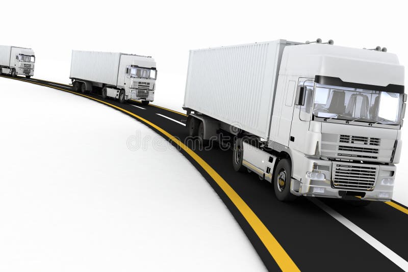 White Trucks on freeway. 3d render illustration. Concept of logistics, delivery and transporting by freight motor transport. White Trucks on freeway. 3d render illustration. Concept of logistics, delivery and transporting by freight motor transport.