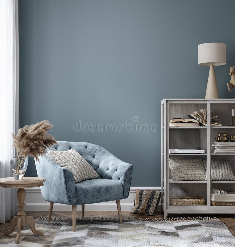 Home interior mock-up with armchair and decor in modern living room, 3d render. Home interior mock-up with armchair and decor in modern living room, 3d render