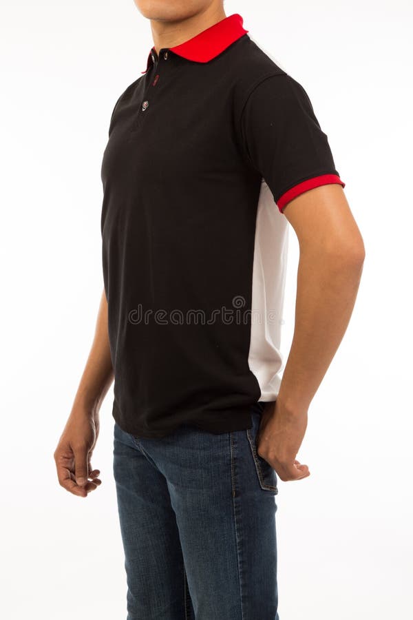 Camisa Negra Con Botones Detalles De Costura En El Lado Blanco Y Cuello De Colcha Roja Imagen de archivo - Imagen de cara, blanco: 223027633