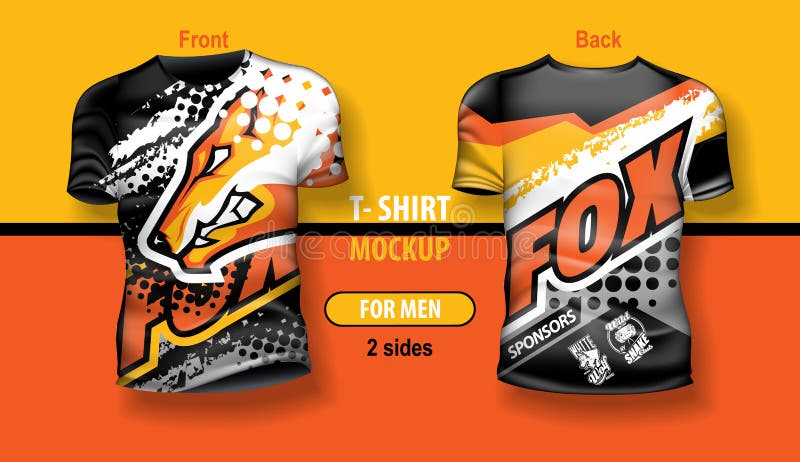  Camiseta Para Hombre Frontal Y Posterior Con El Logo Del Equipo De Fox. Maquillaje Para Impresión De Doble Cara En Capas Y Editabl Ilustración del Vector
