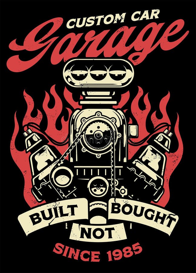 Vector of vintage shirt design of custome car garage with big muscle car engine. Vector of vintage shirt design of custome car garage with big muscle car engine