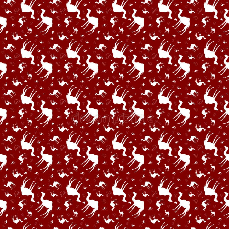 Camels and Santa caps or hoods pattern. White on red classic Christmas colors background. Ethnic pattern. Minimal simple pattern. Seamless pattern. Camels and Santa caps or hoods pattern. White on red classic Christmas colors background. Ethnic pattern. Minimal simple pattern. Seamless pattern.