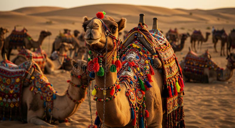 Cammello ornato da tessuti e nappelli colorati e intricati in un deserto illuminato dal sole illustrazione di stock