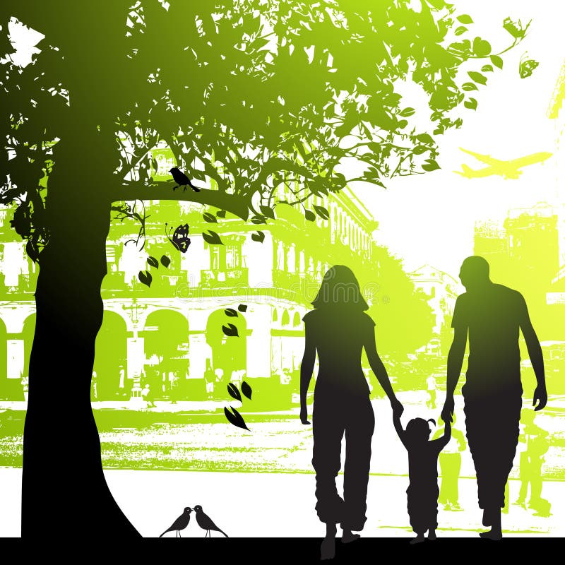 Camminata della famiglia nella sosta della città illustrazione di stock Camminata della famiglia nella sosta della città illustrazione di stock