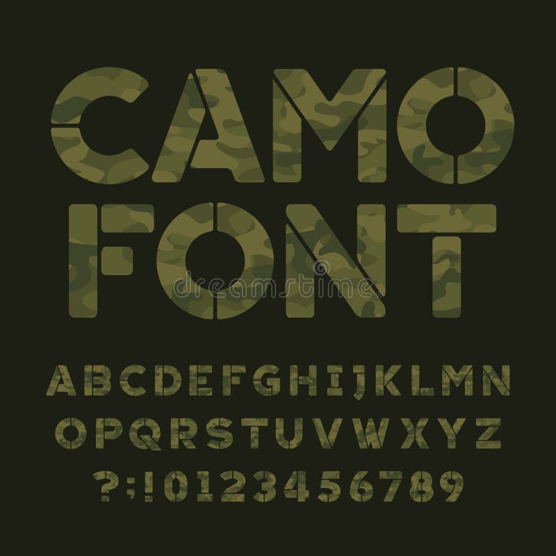 Camo alphabet font. Type letters and numbers on a dark green background. Vector typography for your design. Camo alphabet font. Type letters and numbers on a dark green background. Vector typography for your design.