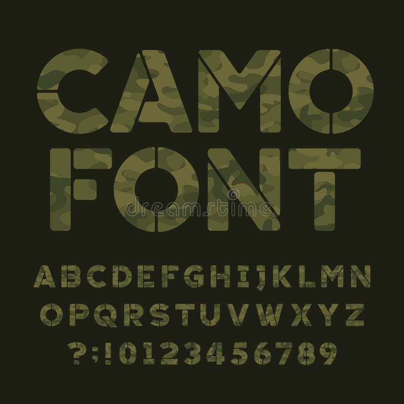 Camo alphabet font. Type letters and numbers on a dark green background. Vector typography for your design. Stencil font numbers vectors