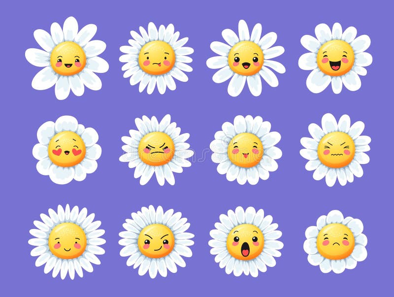 Camomile smile daisy flower characters. Cartoon chamomile vector cute personages happy smiling, sad, angry and cheerful, foolish, surprised faces. Garden daisy or camomile flower funny stickers. Camomile smile daisy flower characters. Cartoon chamomile vector cute personages happy smiling, sad, angry and cheerful, foolish, surprised faces. Garden daisy or camomile flower funny stickers