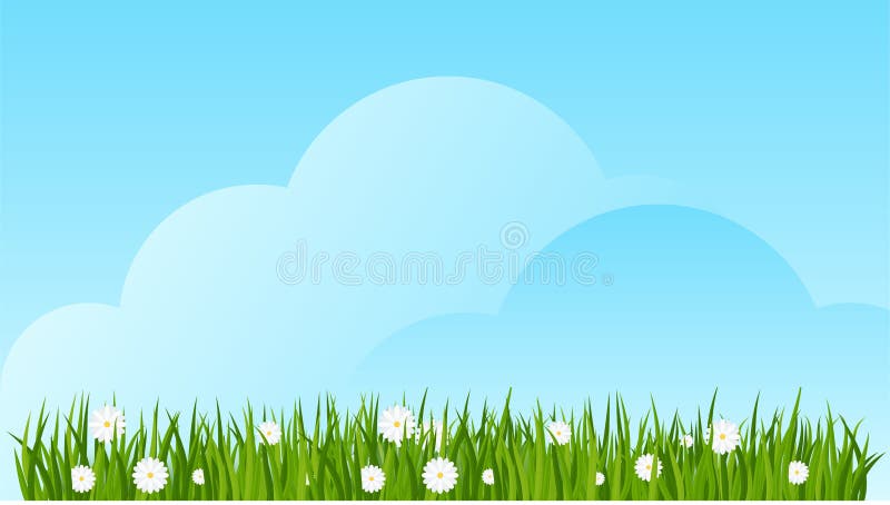 Camomiles and a Green Grass Border on Blue Sky Background. Stock Vector -  Illustration of bunch, country: 142162967