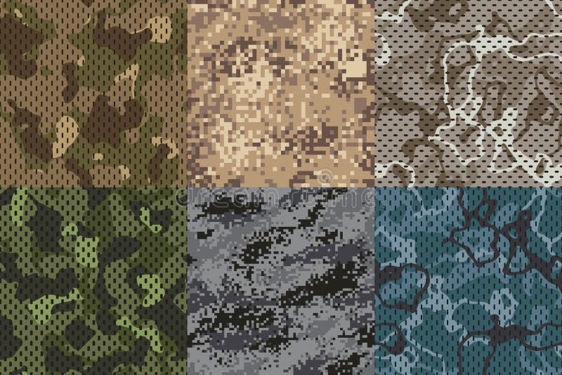 Camouflage khaki texture. Army fabric seamless forest and sand camo netting pattern vector textures set stock illustration Camouflage khaki texture. Army fabric seamless forest and sand camo netting pattern vector textures set stock illustration
