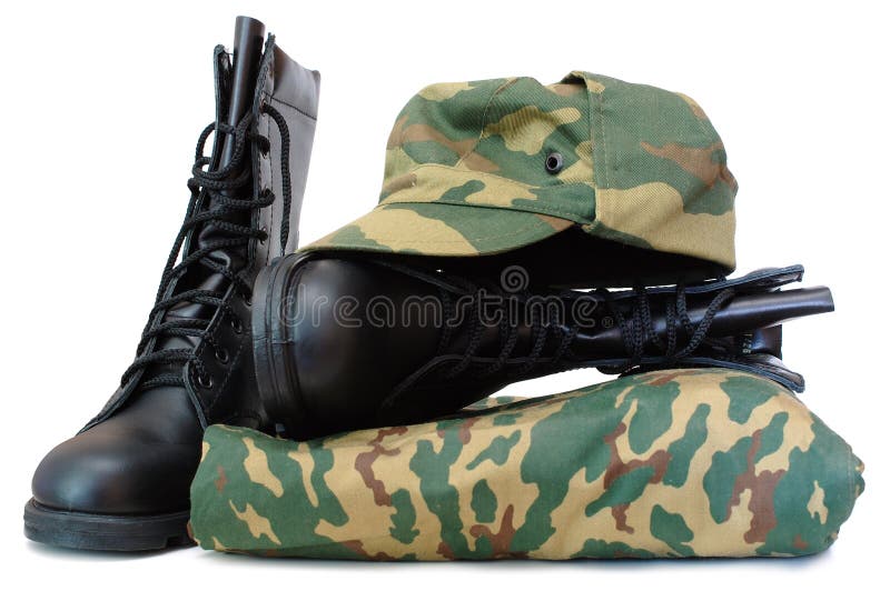 Camouflage uniform and two army boots.