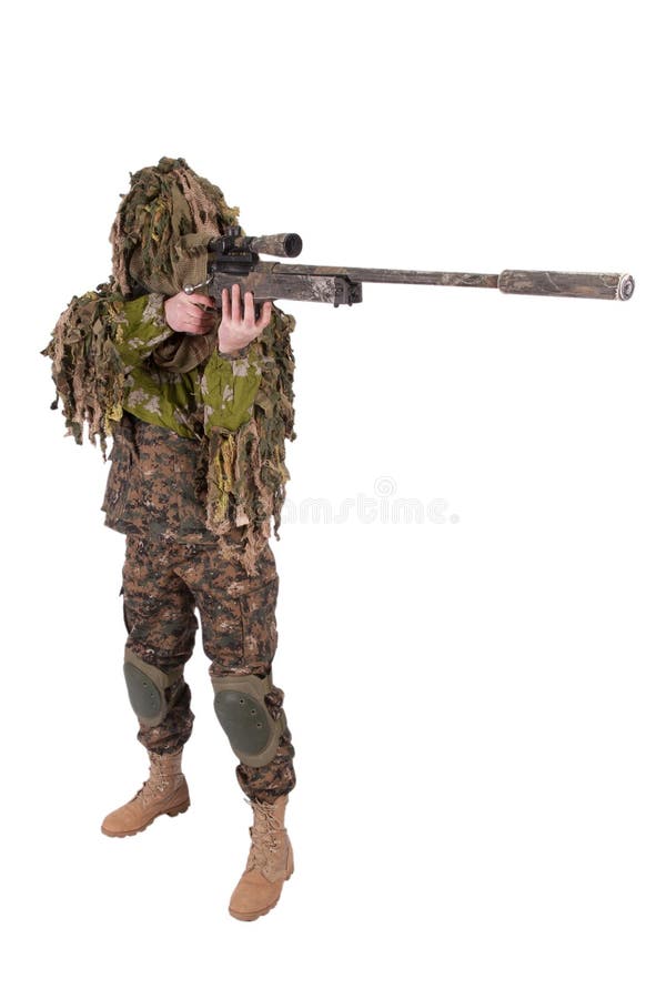 A Camouflaged Sniper Sitting In The Woods Aiming Through His Scope Stock  Photo, Picture and Royalty Free Image. Image 42659284.