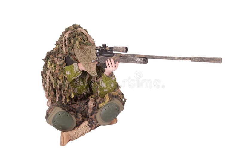 Camouflaged sniper lying in forest and aiming through his scope Stock Photo  by ©Nesterenko_Max 89112398