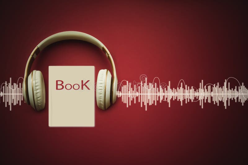 Camoufleeroortelefoons en audiobook op rode achtergrond met audiospoor. audio luisteren. audiobookt