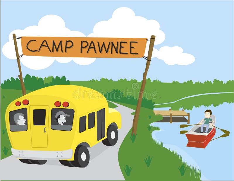Vector illustration of a bus arriving at camp.