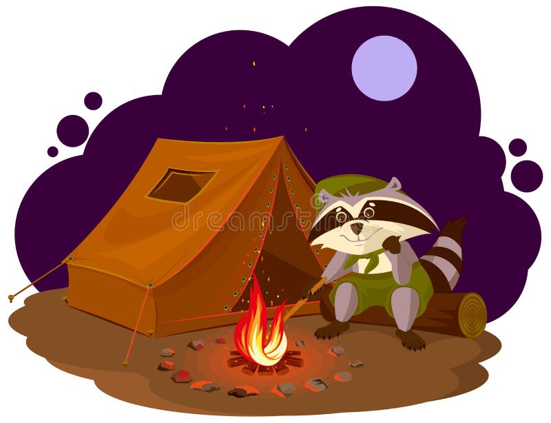 Camp de vacances d'été Raton laveur de scout se reposant autour du feu de camp Ensemble de touristes de tente de raton laveur cam illustration stock Camp de vacances d'été Raton laveur de scout se reposant autour du feu de camp Ensemble de touristes de tente de raton laveur cam illustration stock