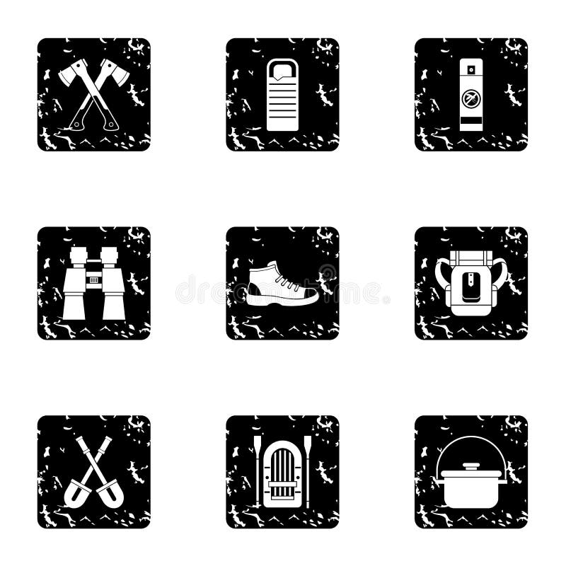 Camp Icons Set, Grunge Style Stock Vector Illustration of nature