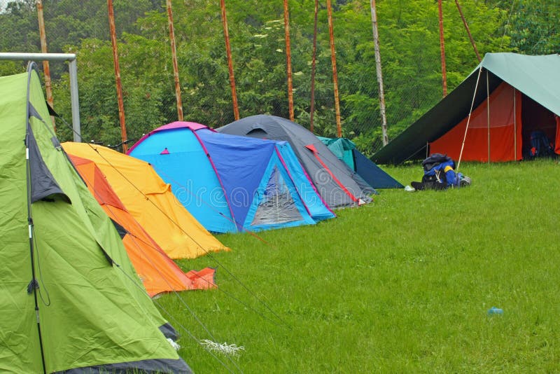 Camp with Igloo Tents Scout Campers in a Green Meadow Stock Image ...