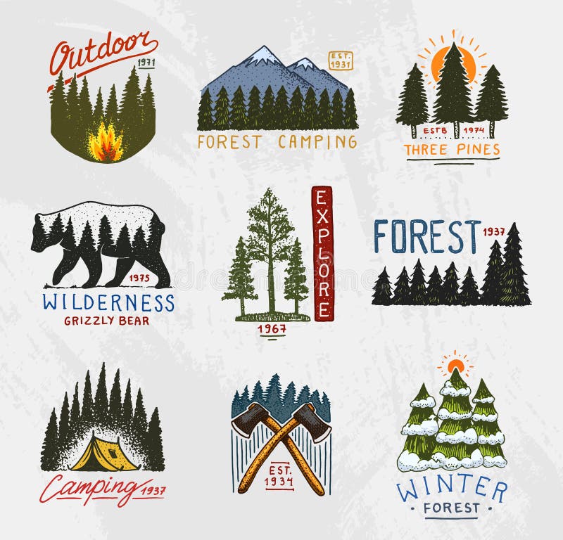 Camp logo, mountains coniferous forest and wooden badges. engraved hand drawn in old vintage sketch. emblem tent tourist vector illustration Camp logo, mountains coniferous forest and wooden badges. engraved hand drawn in old vintage sketch. emblem tent tourist vector illustration
