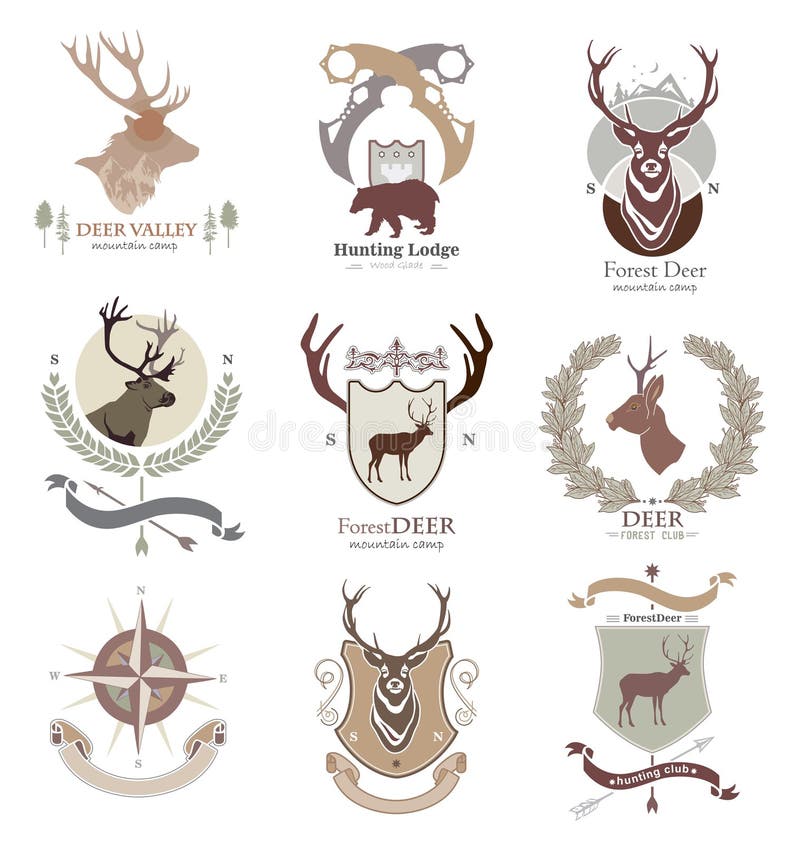 Camp style camping and hunting club, logo, emblem, illustration in vector format suitable for web, print. Elements of design summer camps and hunting includes a silhouette deer, bear Hunting , direction of light. Logo spruce vectors