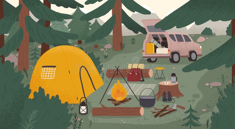 Camp touristique de forêt avec la tente, feu, bois de chauffage, campervan, équipement, outils pour le tourisme d'aventure, voyag illustration libre de droits Camp touristique de forêt avec la tente, feu, bois de chauffage, campervan, équipement, outils pour le tourisme d'aventure, voyag illustration libre de droits