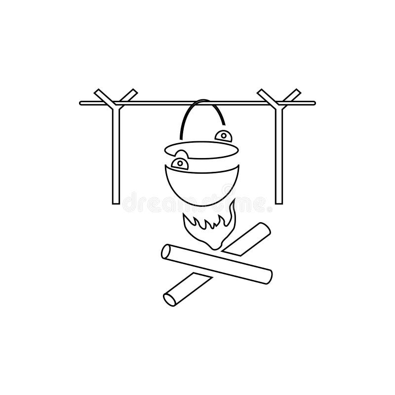 Campa kruka över en brasasymbol, översiktsstil vektor illustrationer