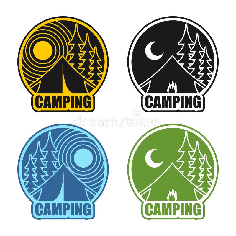 Campa Logo Dygnet Runt Landskap Med Tältet Och Skogen Embl Campa Logo Tältlägeremblem Skog Och Tält Brasa Vektor