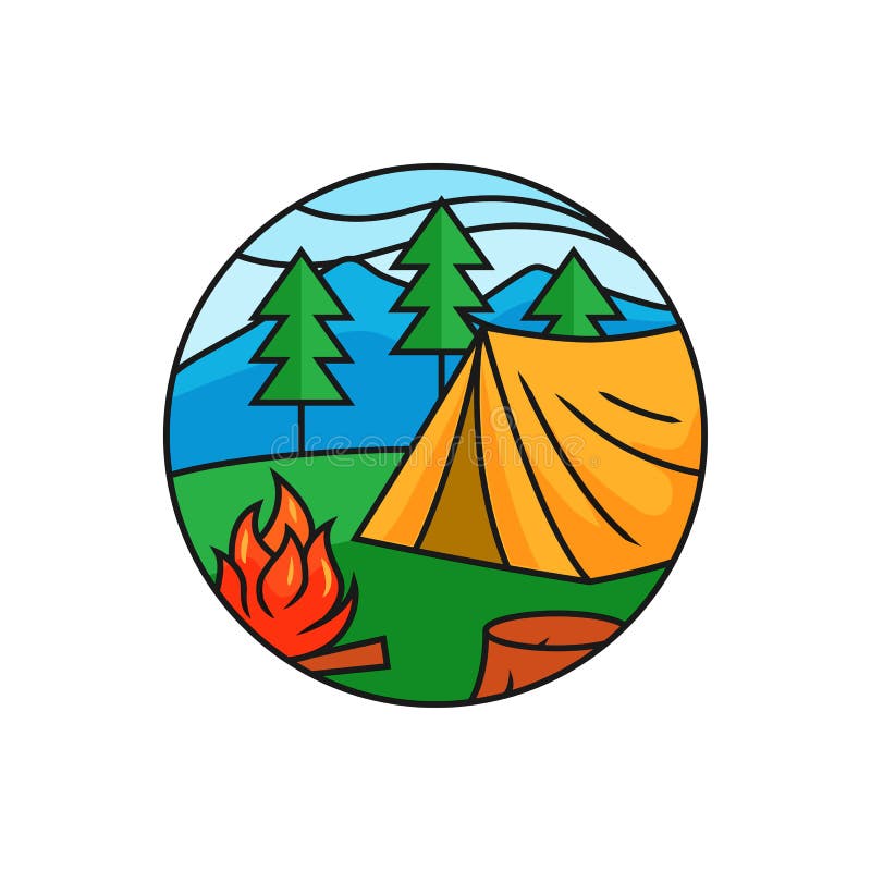 Campa Logo Tältlägeremblem Skog Och Tält Brasa Vektor Campa Logo Tältlägeremblem Skog Och Tält Brasa Vektor
