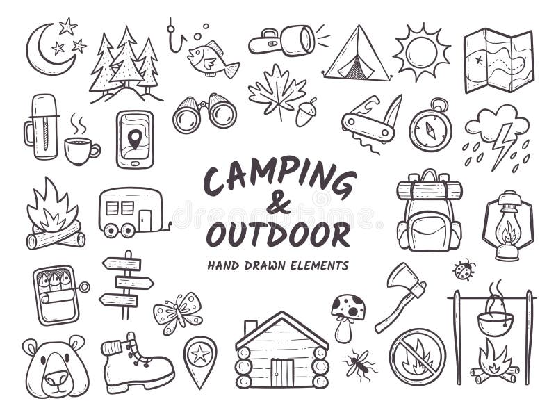 Campa och utomhus- drog beståndsdelar för affärsföretag hand stock illustrationer Campa och utomhus- drog beståndsdelar för affärsföretag hand stock illustrationer