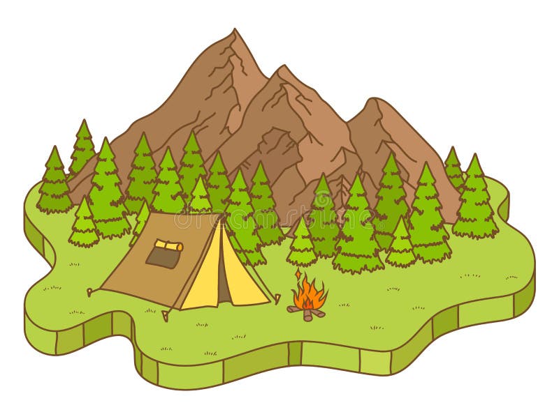 Campa tält och brand nära bergen vektor illustrationer Campa tält och brand nära bergen vektor illustrationer