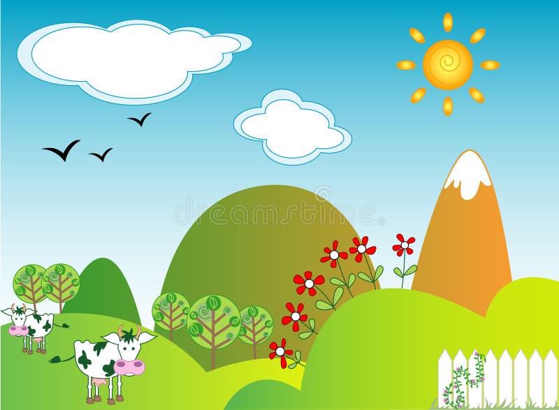 Countryside with hills and mountains, cows, flowers, trees. Countryside with hills and mountains, cows, flowers, trees.