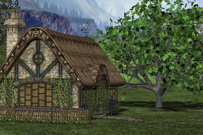 Illustration of quaint cottage next to tree in countryside with mountains in background. Illustration of quaint cottage next to tree in countryside with mountains in background.