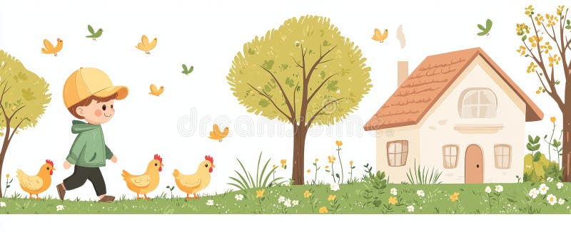 In campagna un ragazzo e un'anatra sono su una collina con un cielo azzurro e nuvole sulla terra. royalty illustrazione gratis