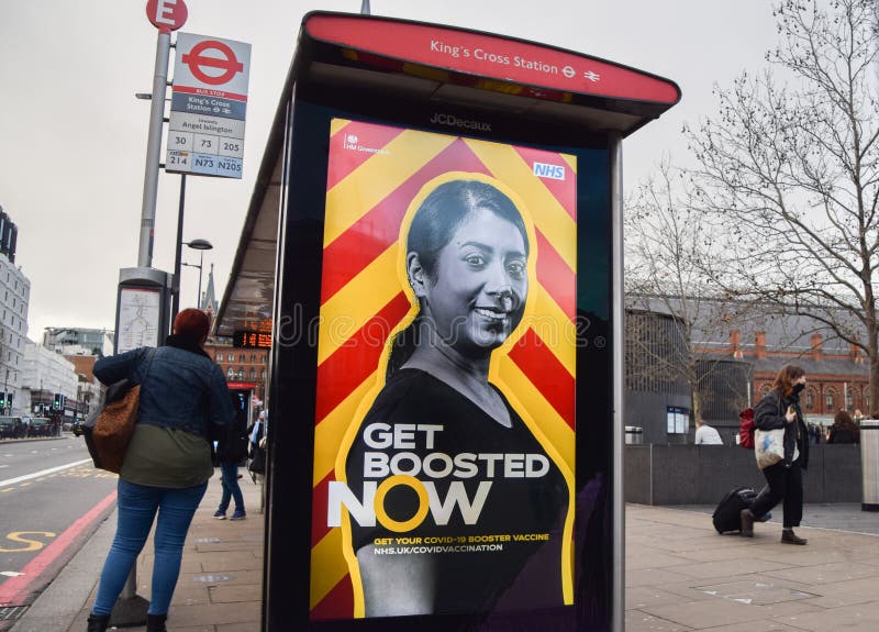 London, UK 2nd January 2022. A government advert urged people to get booster shots on a bus stop in King`s Cross as the Omicron variant of coronavirus spread across the globe. London, UK 2nd January 2022. A government advert urged people to get booster shots on a bus stop in King`s Cross as the Omicron variant of coronavirus spread across the globe.