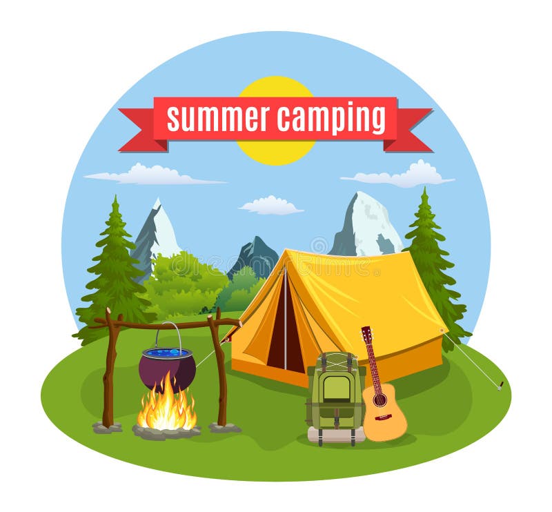 Campamento de verano Paisaje con la tienda amarilla, libre illustration Campamento de verano Paisaje con la tienda amarilla, libre illustration