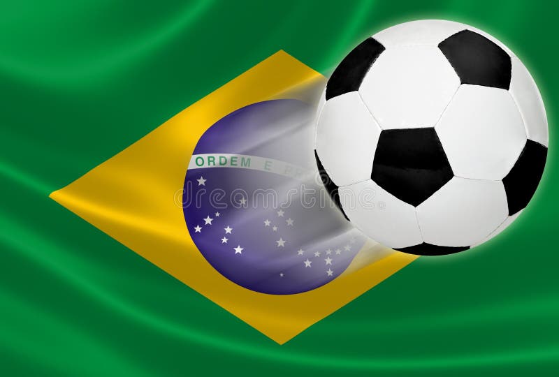 Campeonato do mundo 2014: Bola de futebol na bandeira brasileira fotografia de stock royalty free Campeonato do mundo 2014: Bola de futebol na bandeira brasileira fotografia de stock royalty free