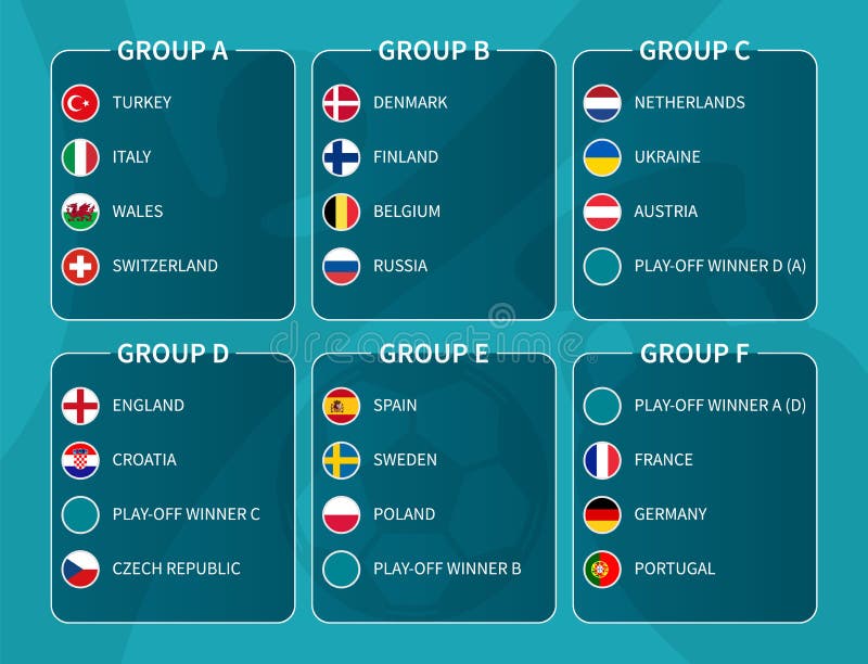 grupo de futebol europeu definir bandeiras de países do futebol europeu  2020 e grupos de equipes no conjunto de vetores de fundo do torneio 2436503  Vetor no Vecteezy