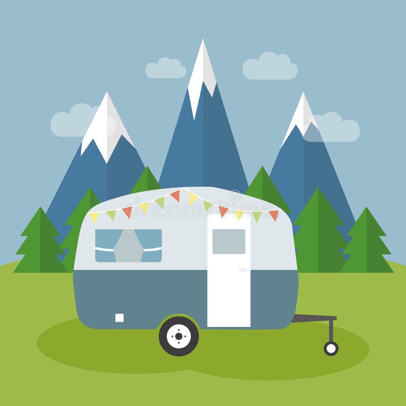 Camper in the Nature by Snowy Mountains and Forest View Stock Vector ...