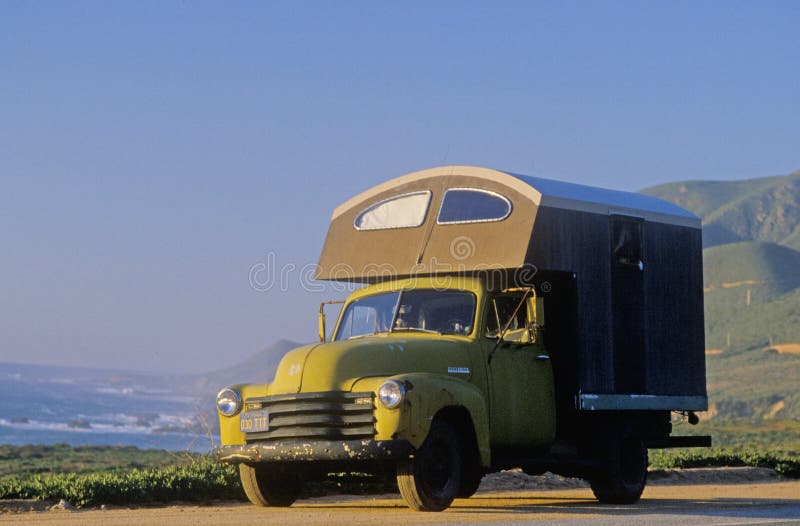 A camper parked on Route 1 in Northern California stock photos