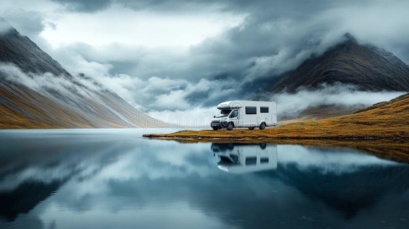 Camper van réfléchissant sur le lac serein au milieu de majestueux paysage de montagne illustration libre de droits