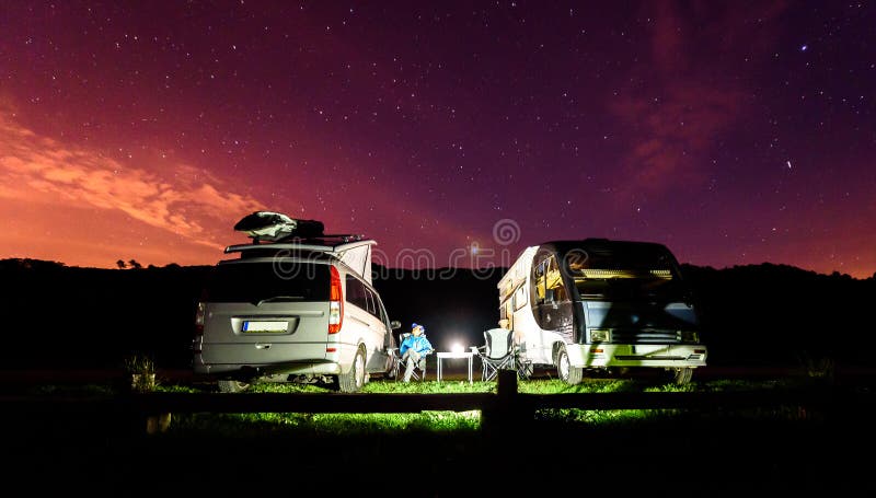 Campervans are Parked on a Beach at Night Under Stars Stock Photo ...