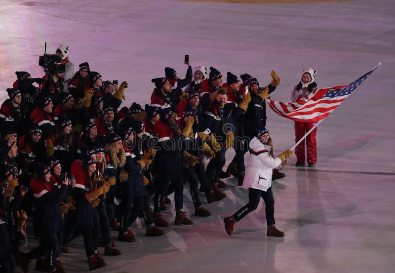 Campeón olímpico Erin Hamlin que lleva la bandera de Estados Unidos que lleva el equipo los E.E.U.U. la ceremonia de inauguración imagen de archivo libre de regalías Campeón olímpico Erin Hamlin que lleva la bandera de Estados Unidos que lleva el equipo los E.E.U.U. la ceremonia de inauguración imagen de archivo libre de regalías