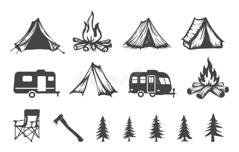Campfire bundle Campfire silhouette Campfire namiot fotel ax silhouette Campfire silhouette royalty ilustracja