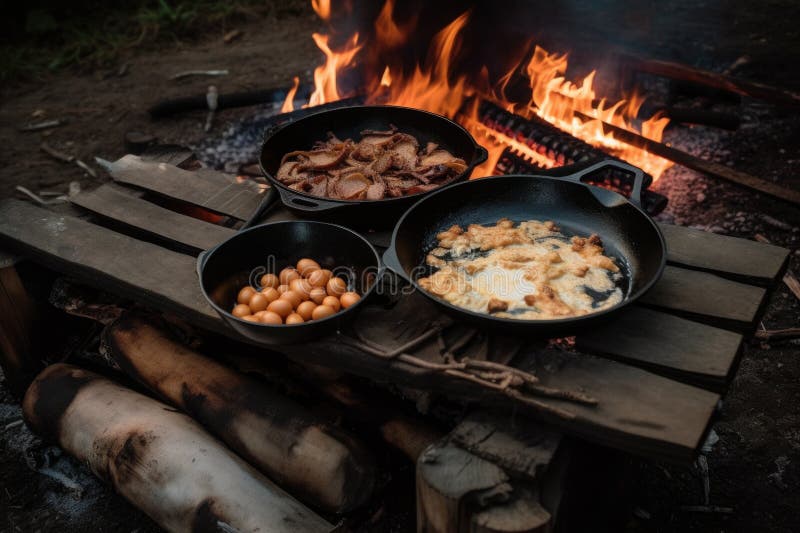 Bacon in a Cast Iron Frying Pan Cooking on a Campfire ! Stock Photo - Image  of black, cooking: 102405834