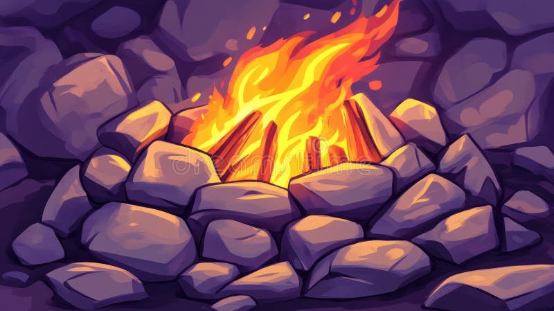 Campfire-Glühillustrierung von Flammen Amidsteinen in Orangen Gelbvioletten und Wärme lizenzfreies stockbild