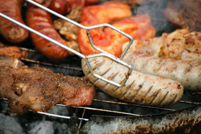 Campfire Grilling Steak Sausage on the BBQ Stock Photo Image of