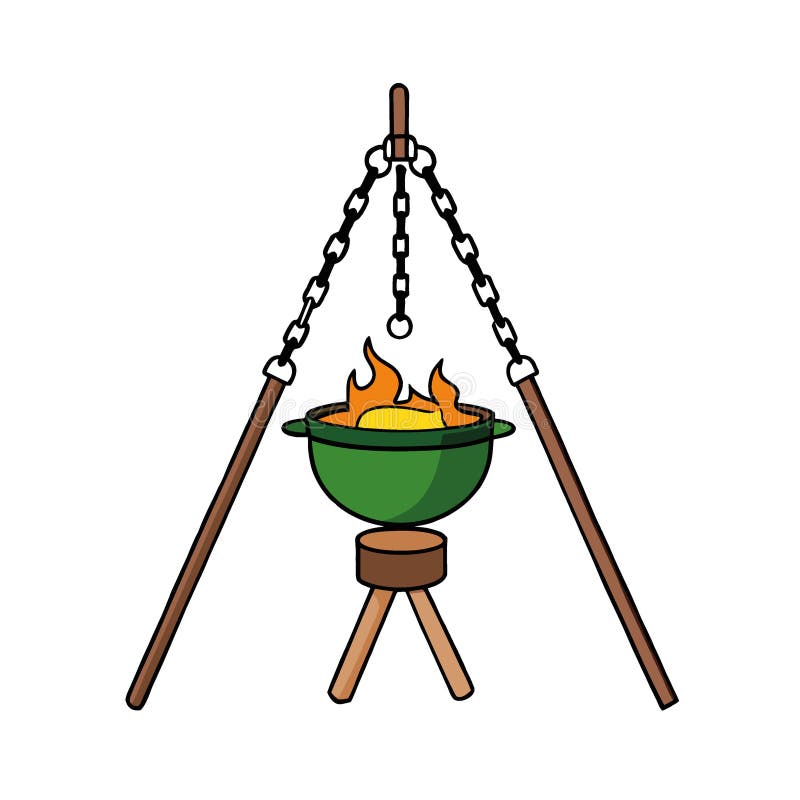 Campfire tripod with chain and cauldron. Isolated on transparent background. vector illustration