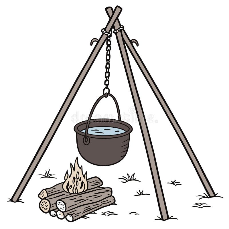Campfire tripod with chain and cauldron. Isolated on transparent background. royalty free illustration