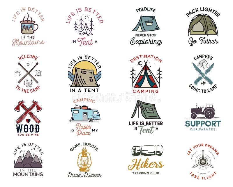 Vintage travel logos patches set. Hand drawn camping labels designs. Texas,  backpacking, surfing. Outdoor hike emblems. Hiking logotypes collection.  Stock vector isolated on white., Stock vector