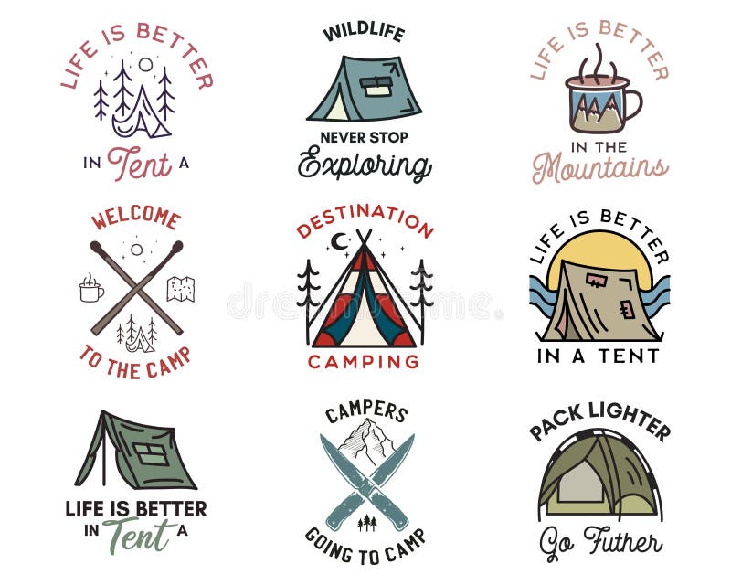 Vintage camp patches logos, mountain badges set. Hand drawn stickers  designs bundle. Travel expedition, backpacking labels. Outdoor hiking  emblems. Logotypes collection. Stock vector., Stock vector