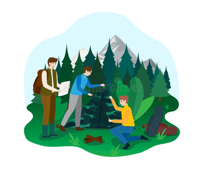 Camping al aire libre parque nacional personaje masculino naturalecología caminata explorar bosque aislado en llano blanco libre illustration